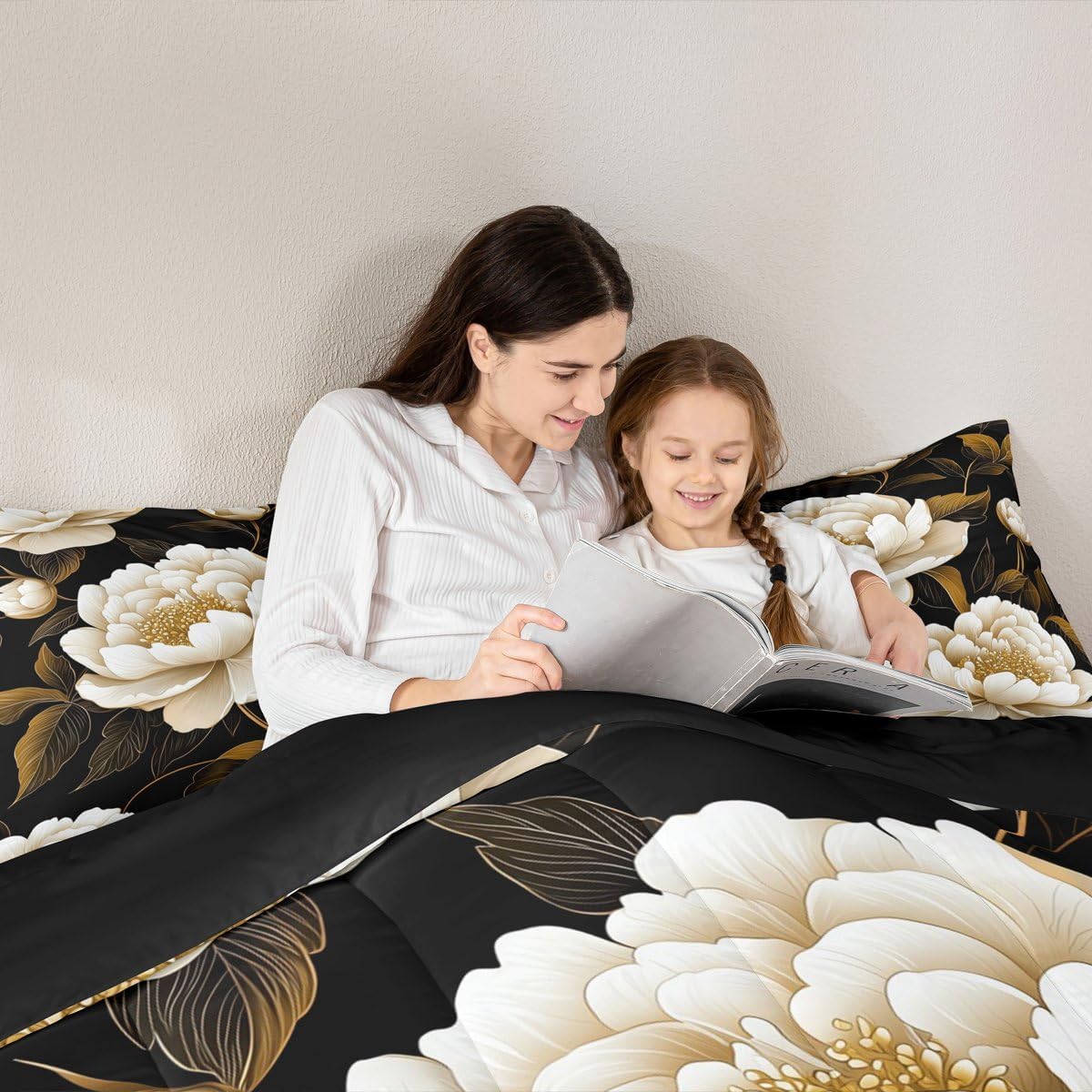 Erosebridal Peony Queen Comforter Set Botanical Floral Bedding Set Vintage Flowers Bed Set Garden Plants Blossom Quilt Set