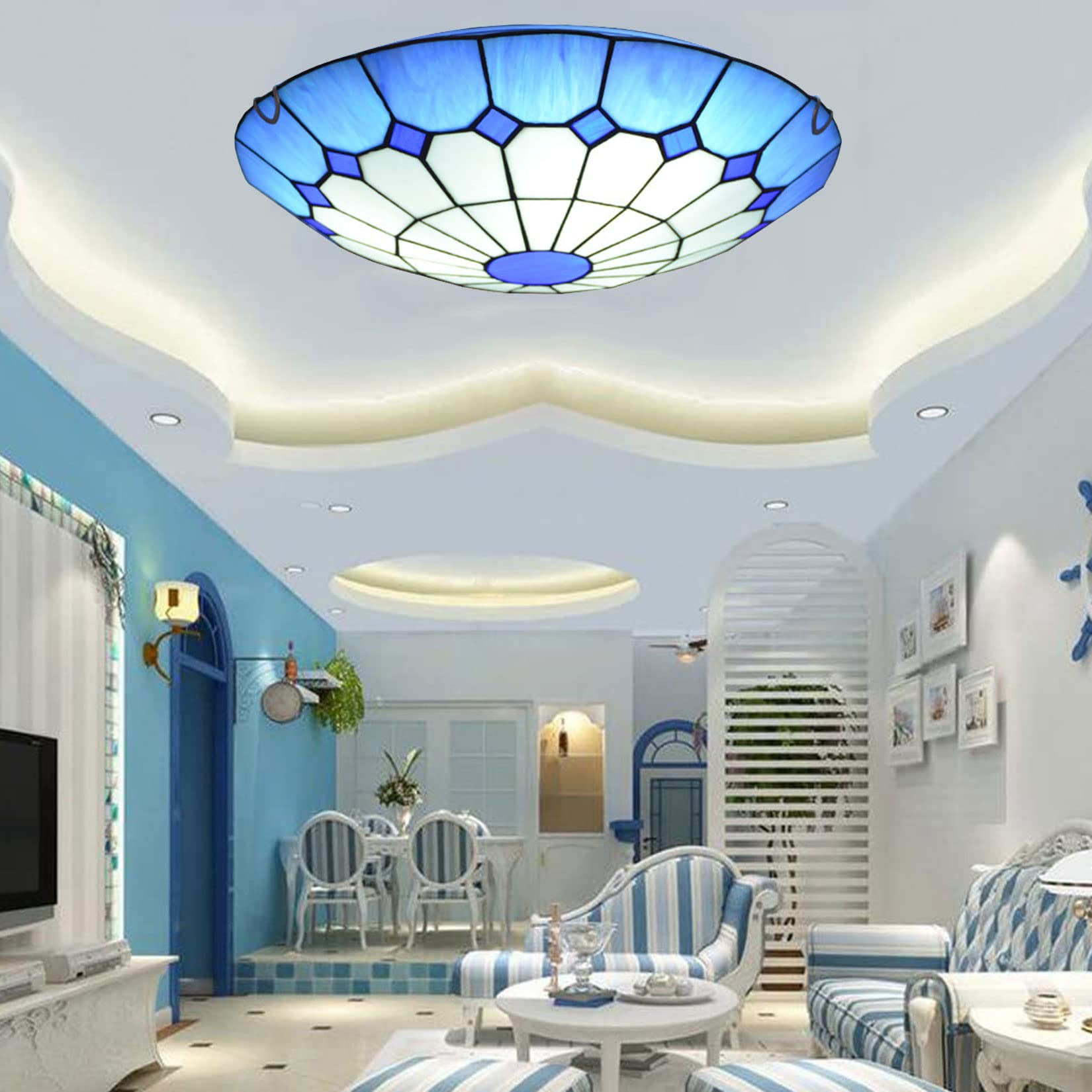 Plafonnier Tiffany 20 pouces bleu méditerranéen avec abat-jour en verre et 4 douilles E27 BOTOWI