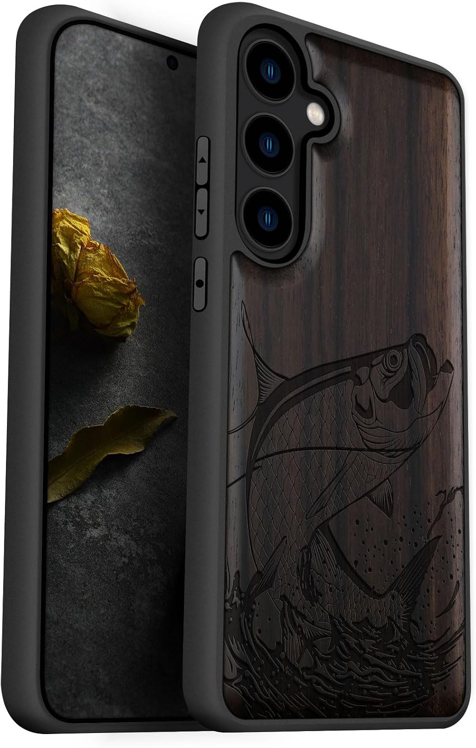 Carveit Wood Case for Galaxy S24 Plus Case [Natural Wood & Black Soft TPU] Shockproof Protective Cover Unique Wooden Design Compatible with S24 Plus (The Tarpon's Leap-Blackwood)