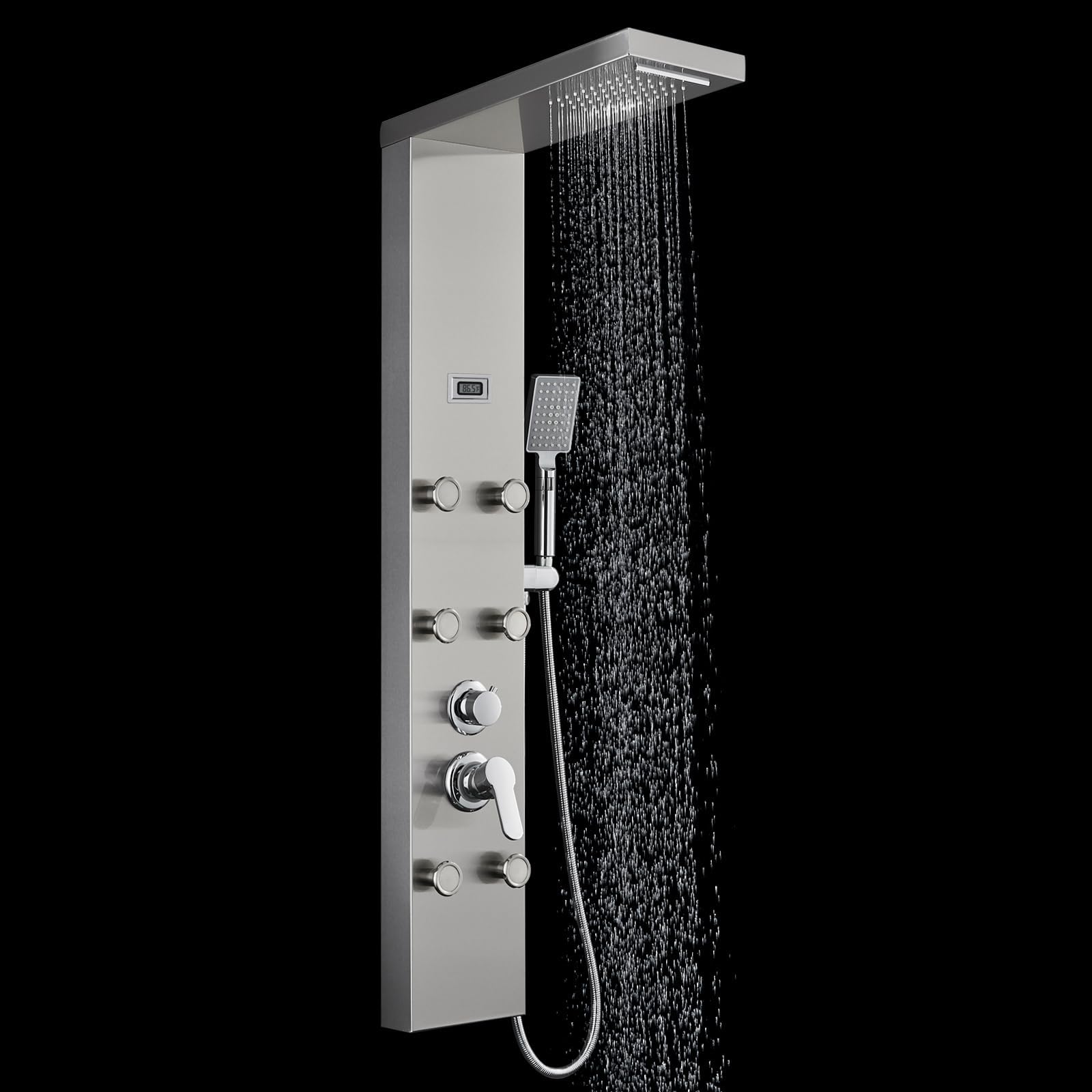 ROVOGO 6 Body Jets Shower Panel System with Rainfall Waterfall Shower Head and Handheld, Shower Tower Column with Temperature Display in Brushed Stainless Steel
