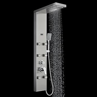 ROVOGO Shower Panel System with 6 Body Jets, Rainfall Waterfall Shower and Handheld, Shower Tower Column with Temperature Display in Brushed Stainless Steel