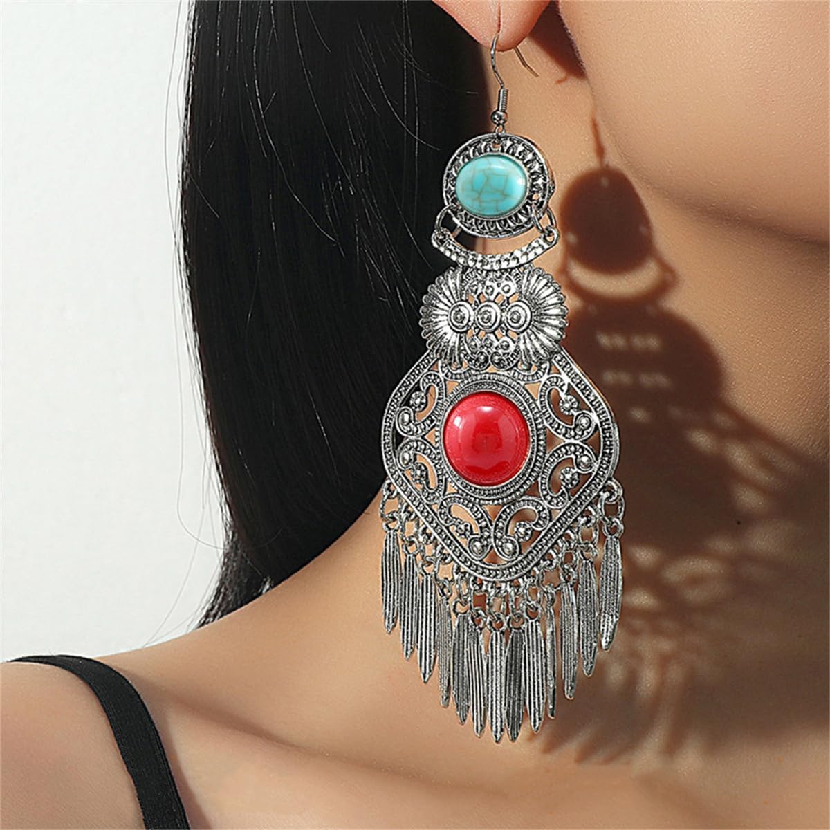 Long Bohemian Indian Dangle Earrings for Women Round Turquoise Antique Silver Tassel Drop Dangling Statement Earrings Boho Jhumka Jhumki Mexico Geometric Fish Hook Lightweight Traditional Jewelry - Image 2