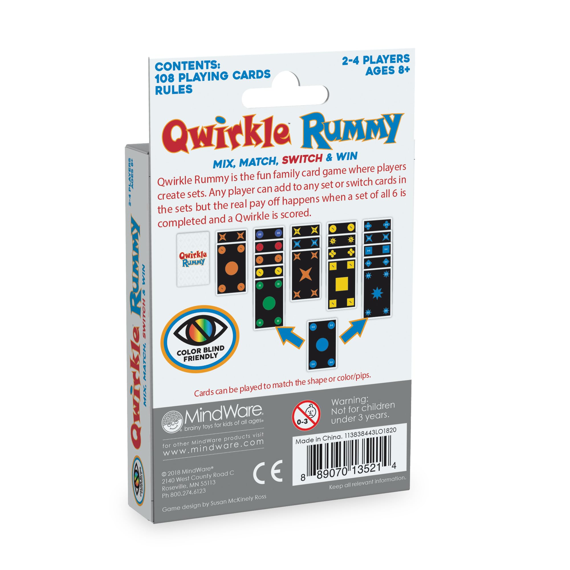 Mindware Qwirkle Rummy (Color-Blind-Friendly) - Jeu de cartes familial - À partir de 8 ans - 2 à 4 joueurs - Temps de jeu de 20 minutes