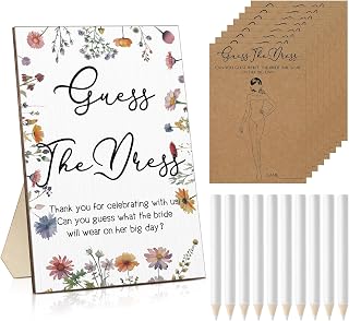Seajan Guess The Dress Bridal Shower Game Wooden Sign Fun Bridal Shower Games Table Sign 50 Small Guessing Cards 50 Pencils for Guests Wedding Bachelorette Party Supplies (Wild Flowers)