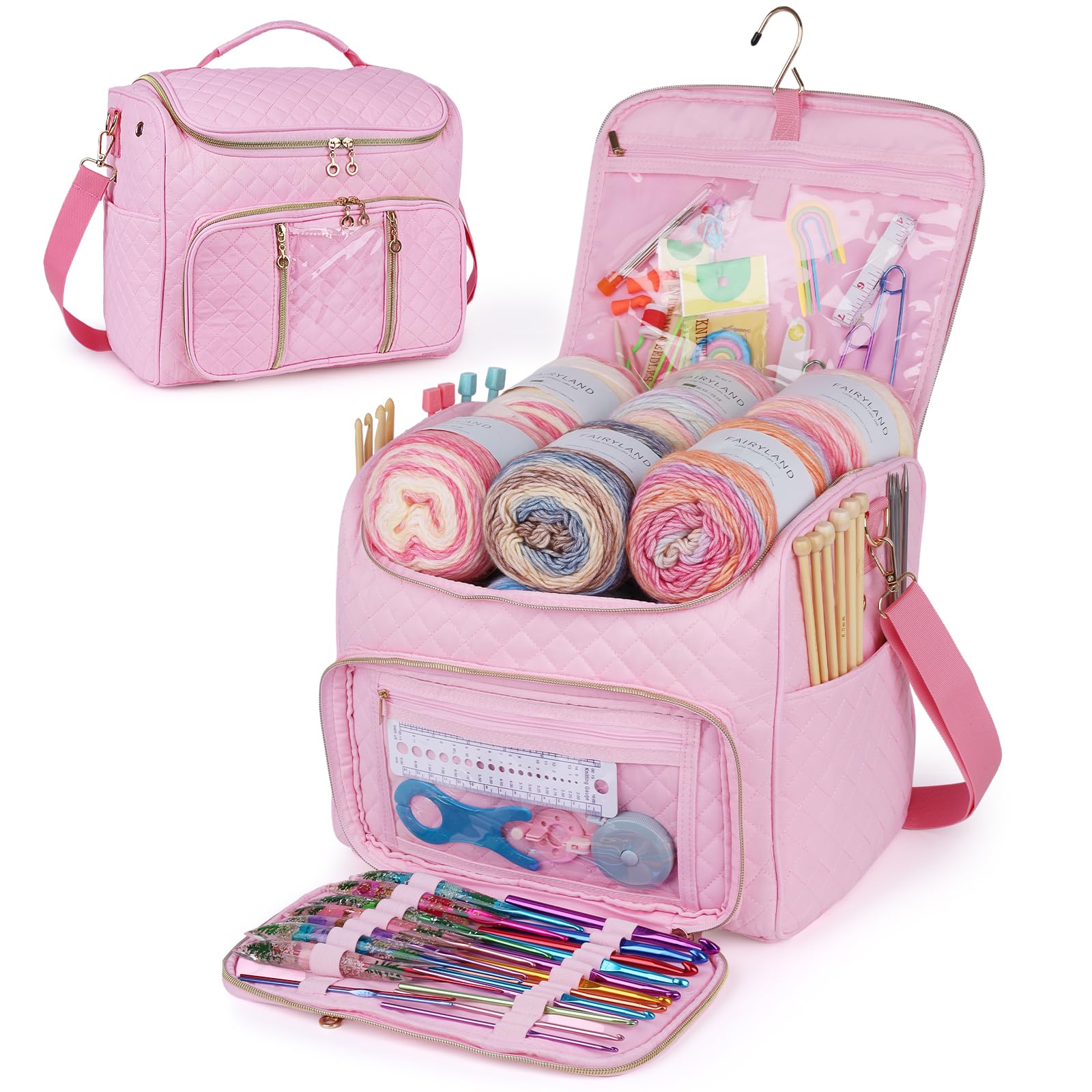 Aeelike Crochet Bag Organizer, Large Knitting Bag for Yarn Storage, Pink — image 1