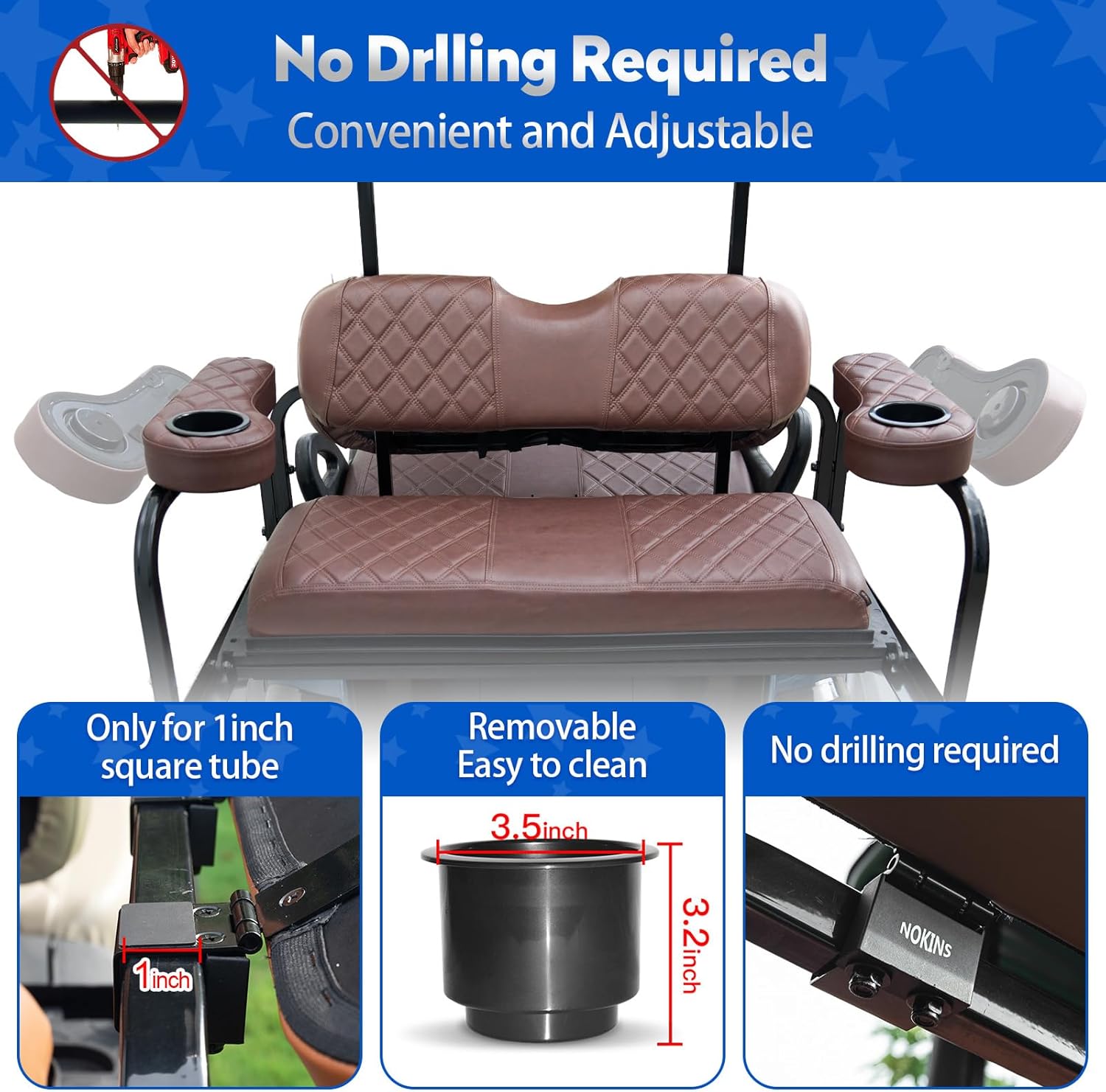 NOKINS Golf Cart Seat Covers for Club Car Precedent, Vinyl Front&Rear Seat Cover with Flip-Up Armrests kit, with Cup Holder, for 1" Square Tube(Brown&Brown 8438)