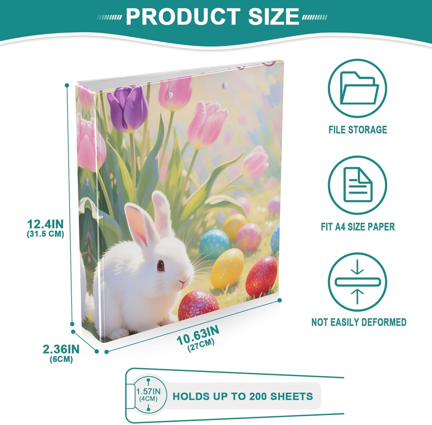 Happy Easter Bunny Eggs 3 Ring Binders, 1.5” Round Ring Binders with Clipboard - Letter Size, 3 Interior PVC Clear Pockets & Anti-Slip Clip for Office School Supplies, 2PCS