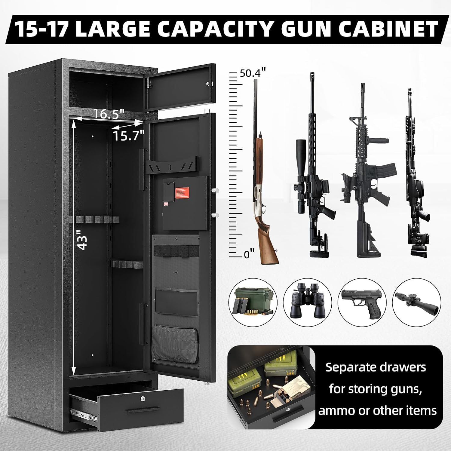 KAER 12-15 Gun Safe, Long Gun Safe for Home Rifle and Pistols, Large Unassembled Rifle Safe with Ammo Drawer, Digital Gun Cabinet with 3-Layer Design