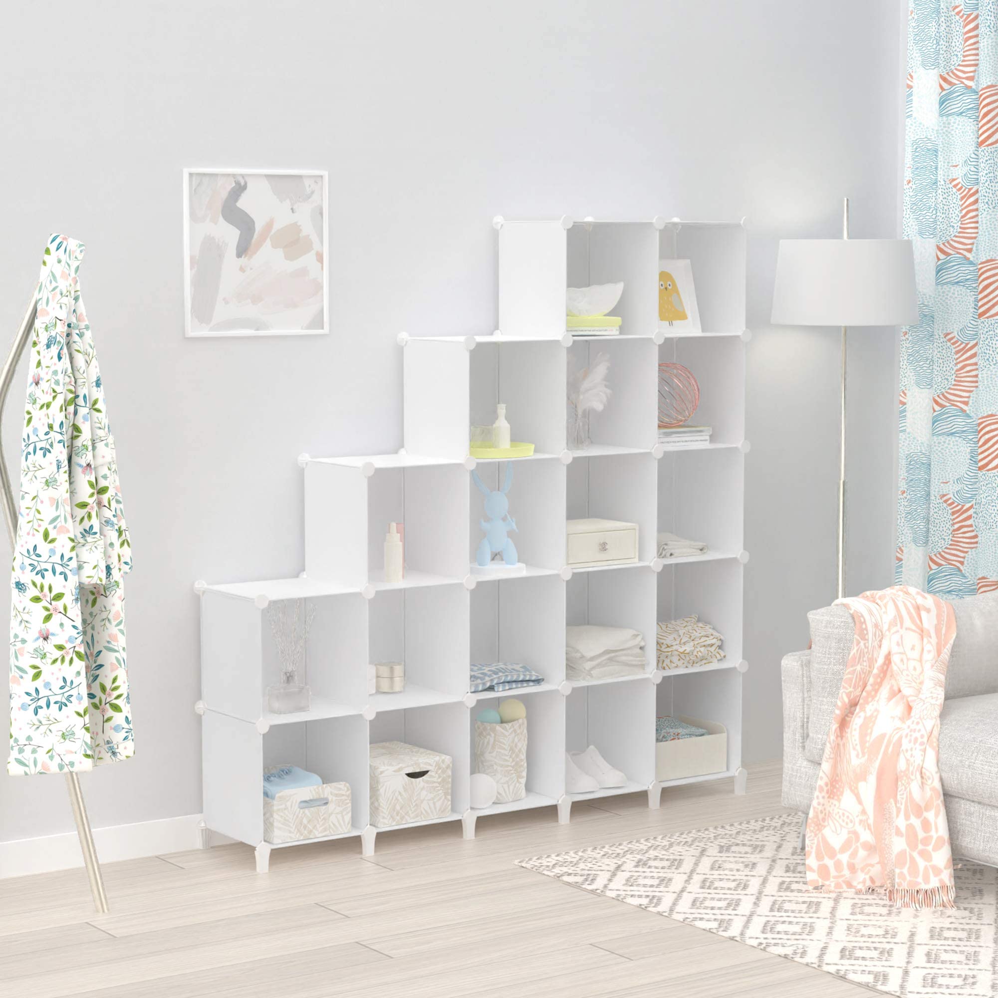 HOMIDEC Armario Modular Estantería plástico, 20 Cubos Organizador de Almacenamiento Zapatero, Estantes de Almacenamiento para la Ropa, Juguetes, Zapatillas, Libros, Blanco