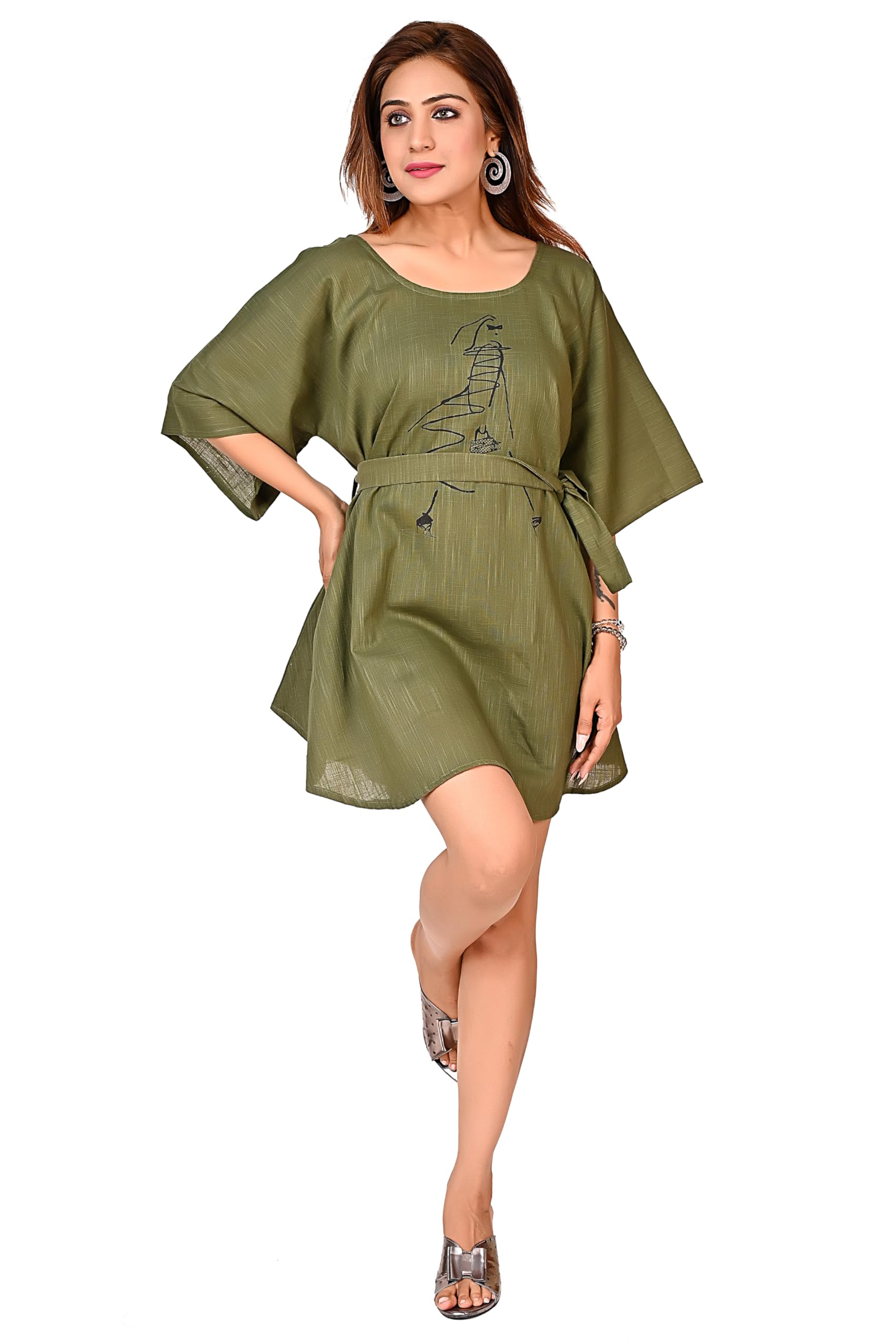 nirmal online Cotton Slub Beach Coverup Women Printed Dress, Thigh Length, Blue-picture-43