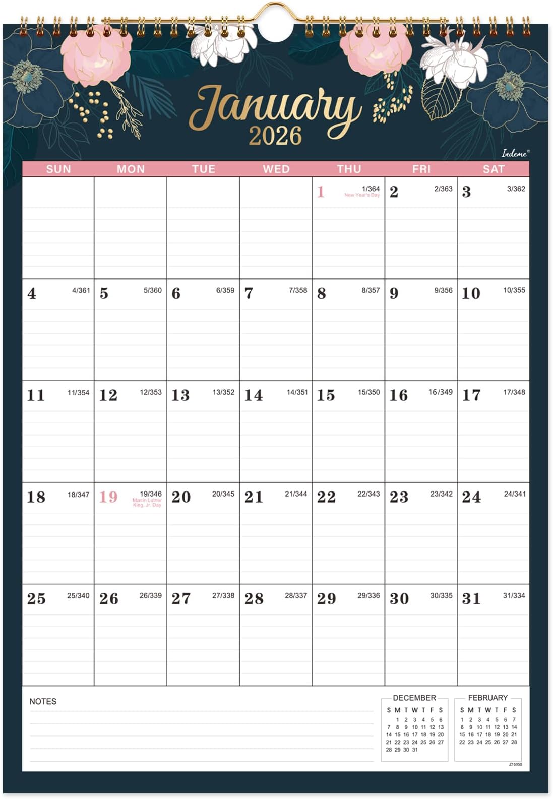 2026 Calendar - 2026 Wall Calendar, Jan 2026 - Dec 2026, 12" x 17”, Twin-wire Binding, Hanging Hook, Holidays, Julian Dates