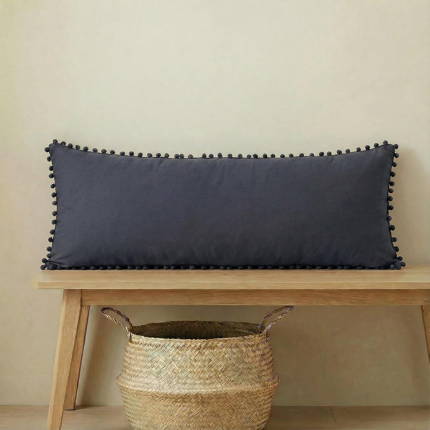 Blue Body Pillow Cover Shabby Chic Long Pillow Case Cover Navy Blue Pom Poms Fringe Body Pillow case with Pocket Closure 20x54 inches(Body,Navy Blue)