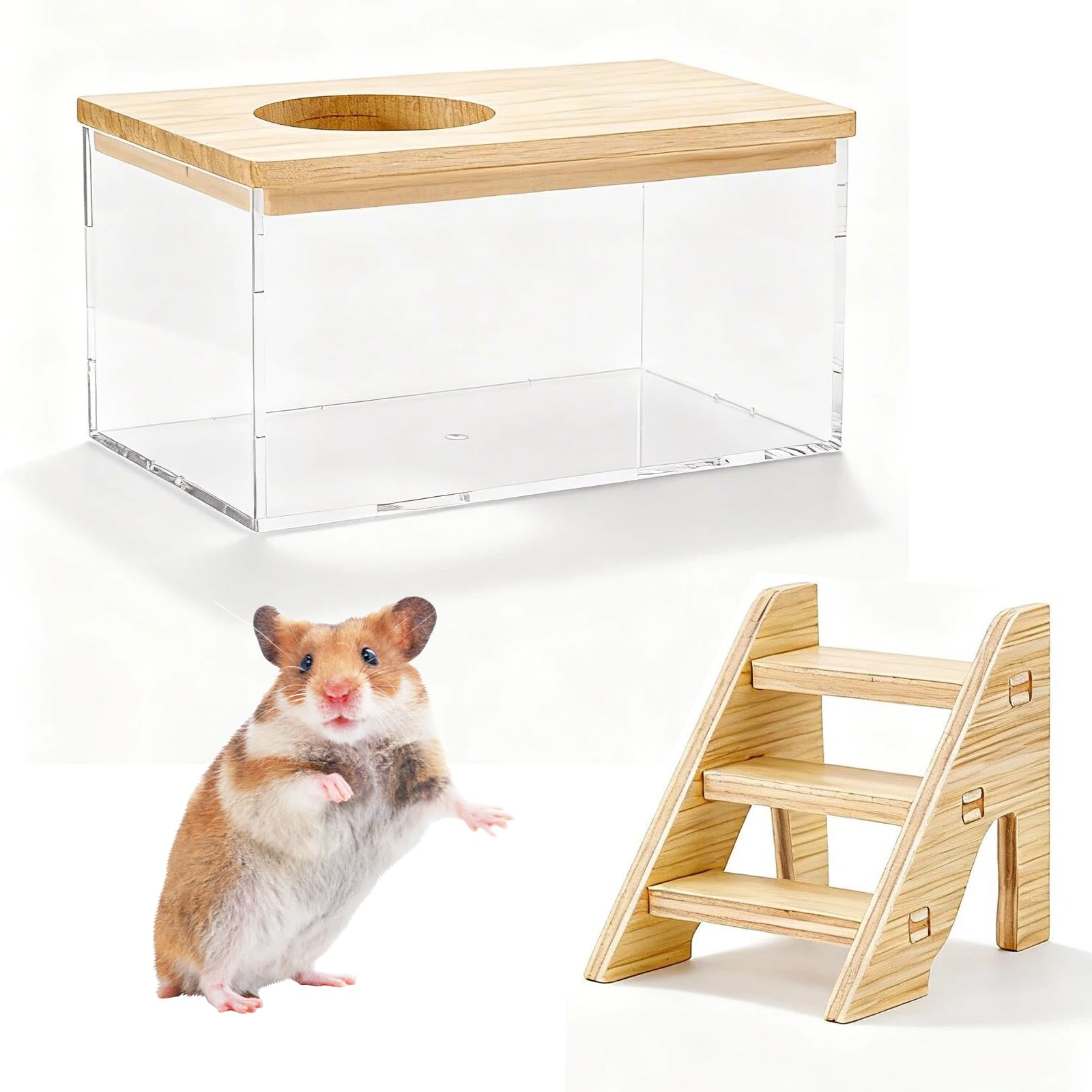 Hamster Sand Bath with Ladder Transparent Small Animal Bathing Box Gerbil Sands Baths Toilet Digging Pit Hamster Bathing Sand Bath for Syrian Hamsters Cage Dwarf Chinchilla Sand Hamster Accessories