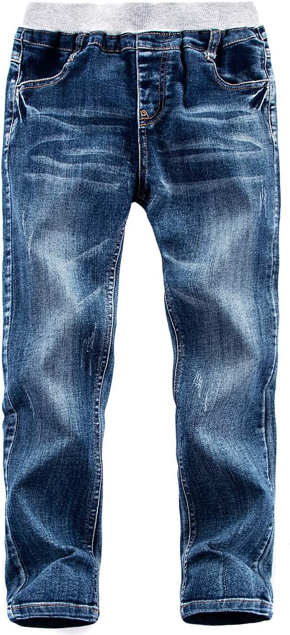 Boys' Denim Jeans, Ribbed Elastic Waist Cotton Pants for Kids