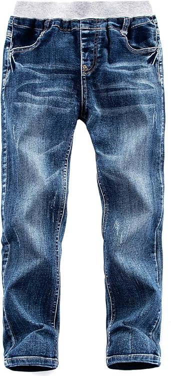 Boys Denim Jeans, Ribbed Elastic Waist Cotton Pants for Kids