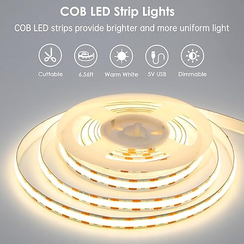 Miniatura 2 de Tira de luces LED, tira de luz LED COB de 6.56 pies, 5 V, regulable, con control remoto, alimentada por USB, tira de luz LED para retroiluminación