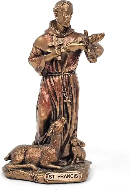 St Francis Statue Figurine: Bronze Handpainted Catholic Prayer Ornament with Wallet Card