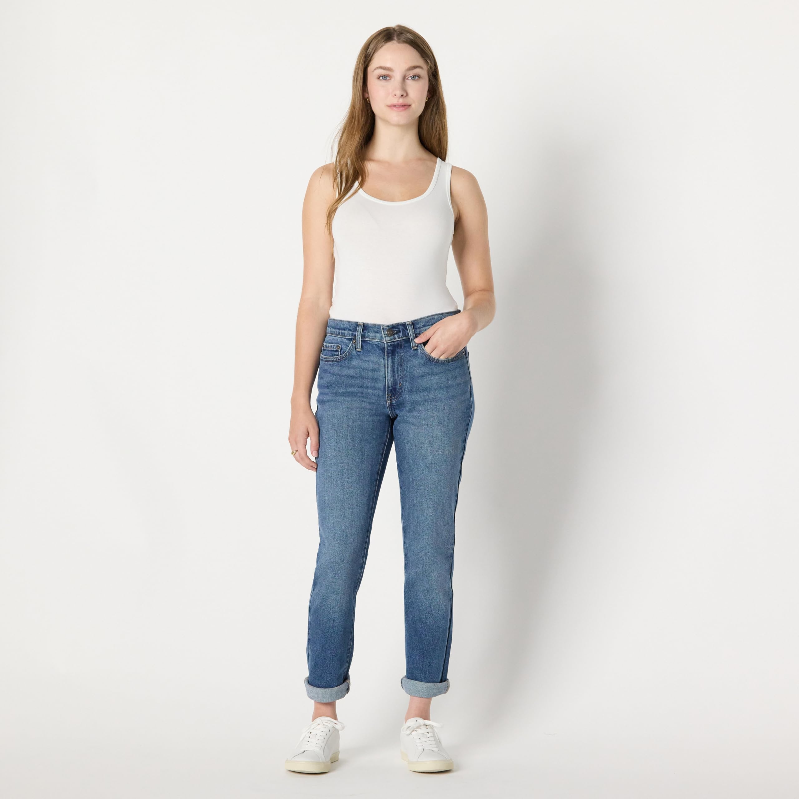 Amazon Essentials Donna Jeans Cropped Boyfriend a Vita Media, con Classico Risvolto, Leggermente Elasticizzati