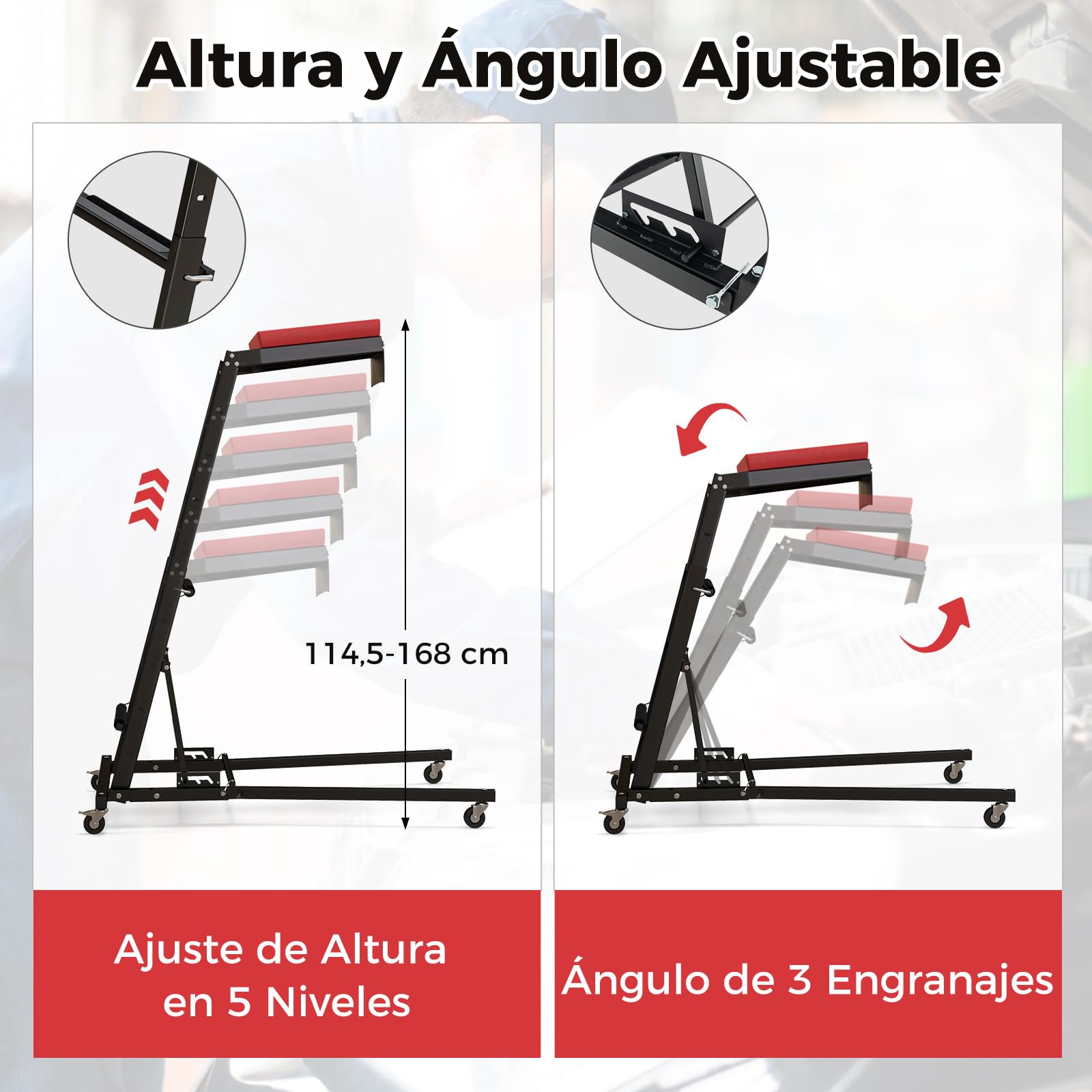 COSTWAY Elevador Lateral Plegable, Mecanismo Automotriz con Altura Ajustable de 114,5 a 168 cm y Ángulo, Estación de Trabajo Elevada Plegable para Garaje en Casa, Tienda de Reparación
