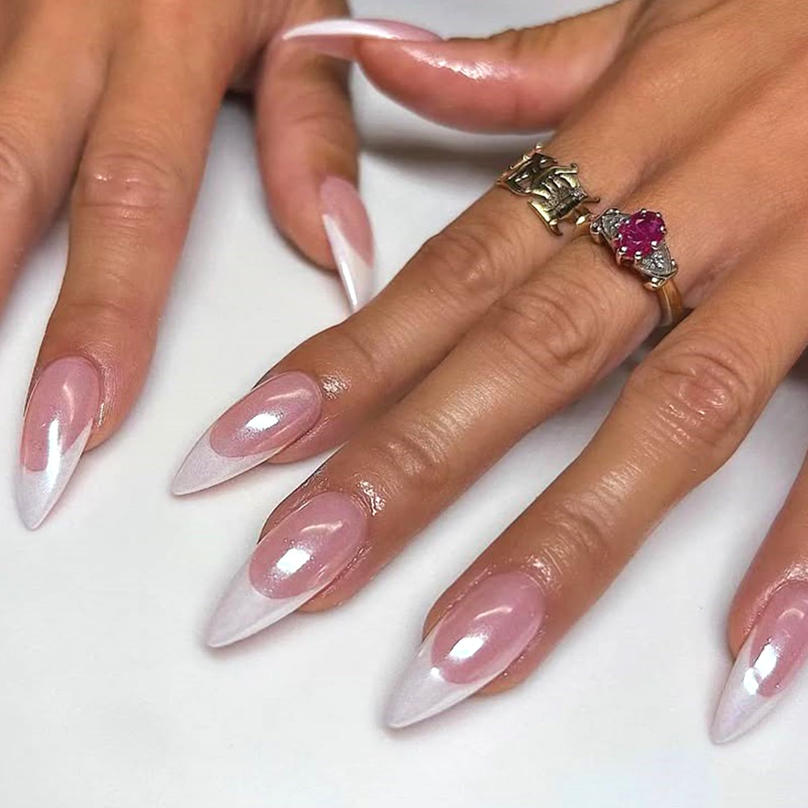 Chrome Press on Nails Medium Almond Fake Nails White French Tip Nails Press ons Nude Pink Glossy Full Cover Glue on Nail Cute Acrylic Stick on Nails