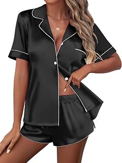 Womens Silk Satin Pajamas Set Short Sleeve Sleepwear Button Down Loungewear 2 Piece Pjs Shorts Set S-XXL