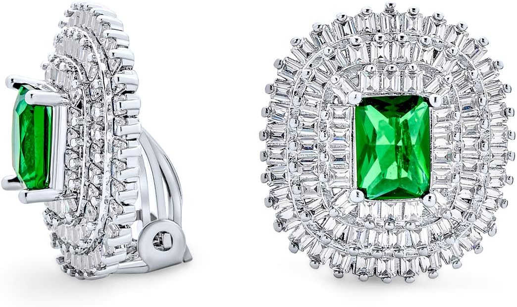 Traditional Classic Art Deco Style Formal Holiday Party Bridal Simulated Emerald Cut Green Cubic Zirconia Triple Row Baguette Halo AAA CZ Stud Clip On Earrings For Women Wedding Non Pierced Ear Silver