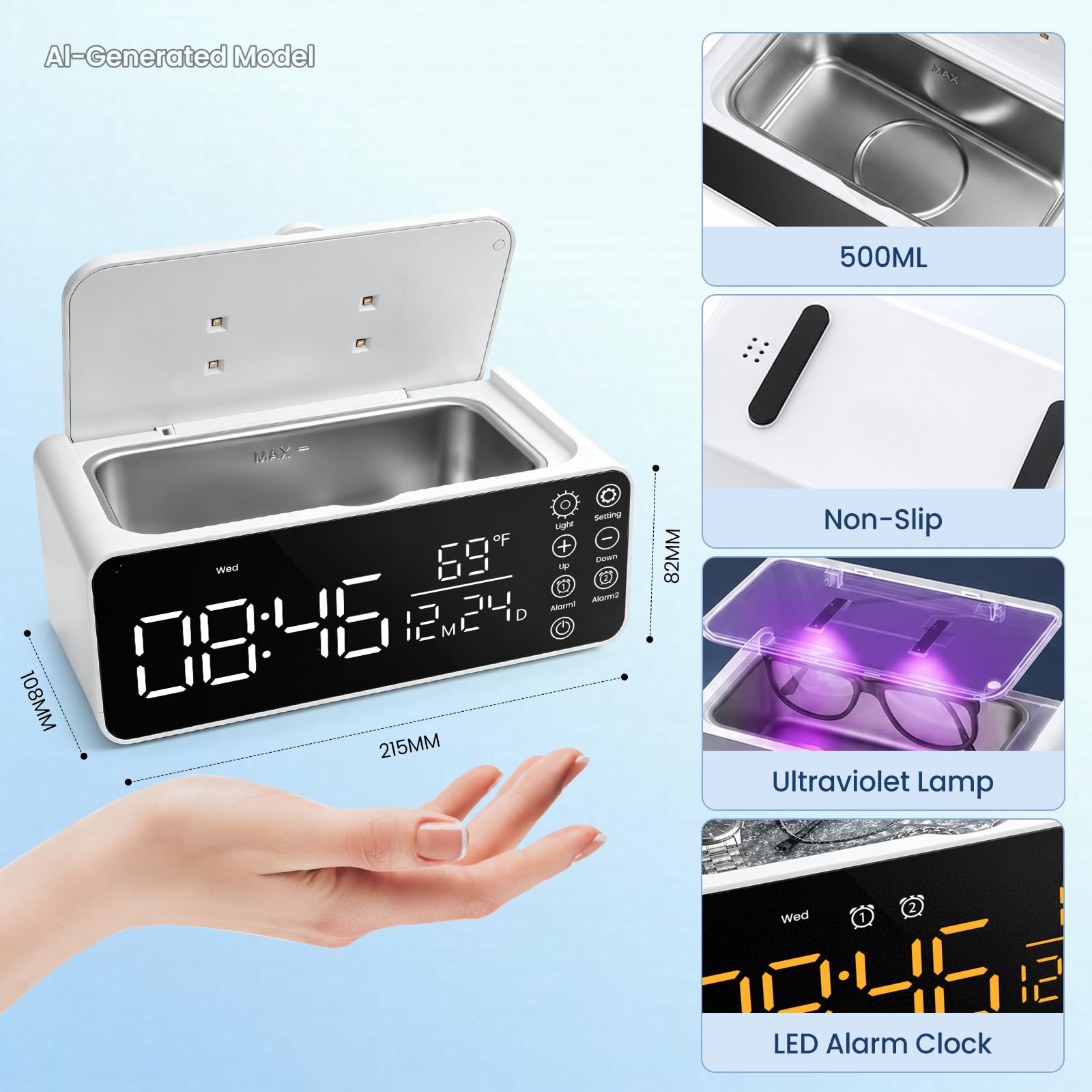 Dispositivo di pulizia a ultrasuoni, 48 kHz, 500 ml, dispositivo a ultrasuoni con sveglia, pulitore a ultrasuoni con display LCD, per apparecchi dentali, occhiali, anelli, orologi, incluso panno per