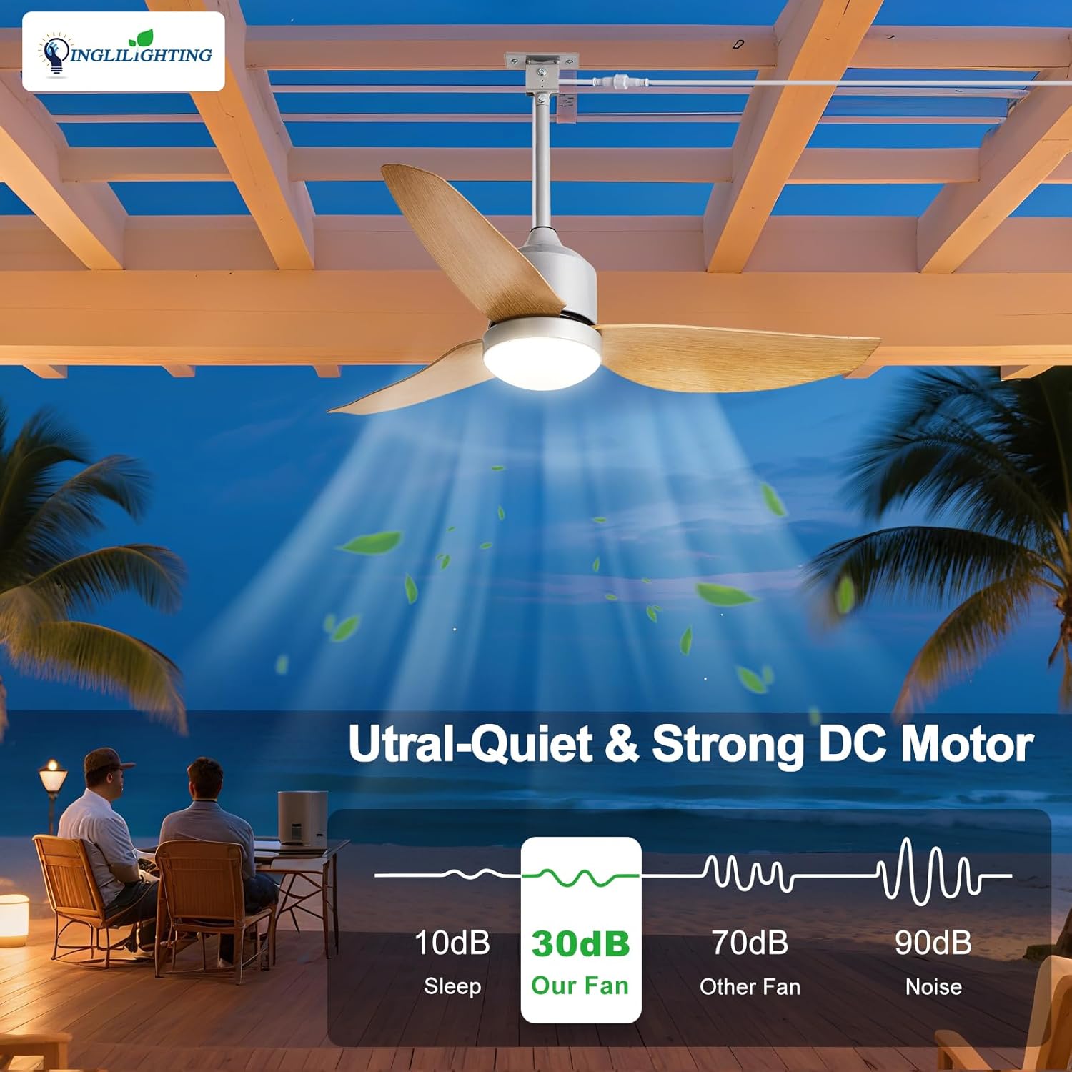 DINGLILIGHTING Outdoor Ceiling Fans for Patios: 42" Plug in Ceiling Fans with Lights for Gazebo - Waterproof Hanging Fan with Remote APP for Porch Dimmable 3 Color Light