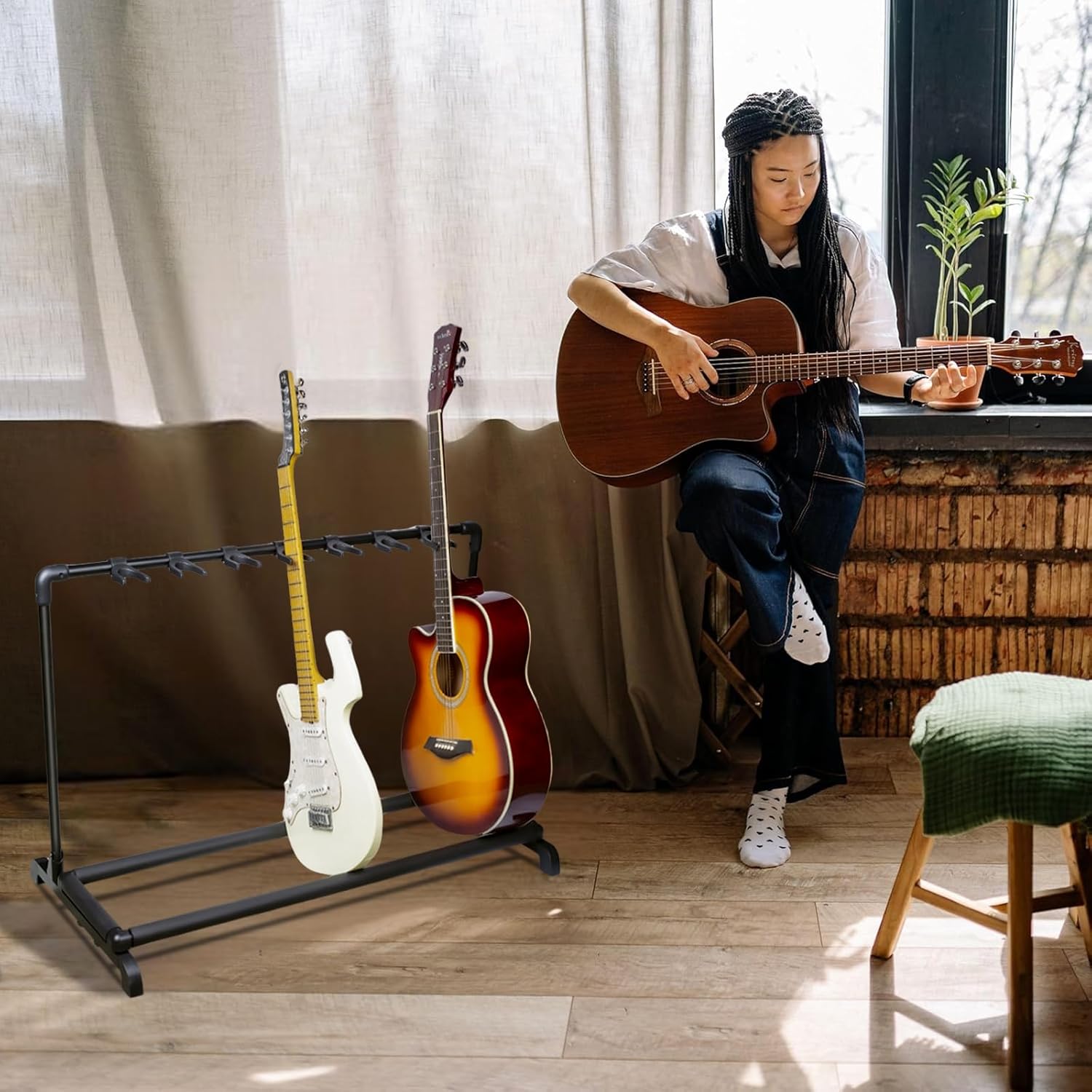 Multi Guitar Rack Stand 7 Holder Foldable Universal Display Rack Portable Guitar Holder Guitar Storage Organization Stand Rack Display Decor for Band Stage Bass Acoustic Guitar