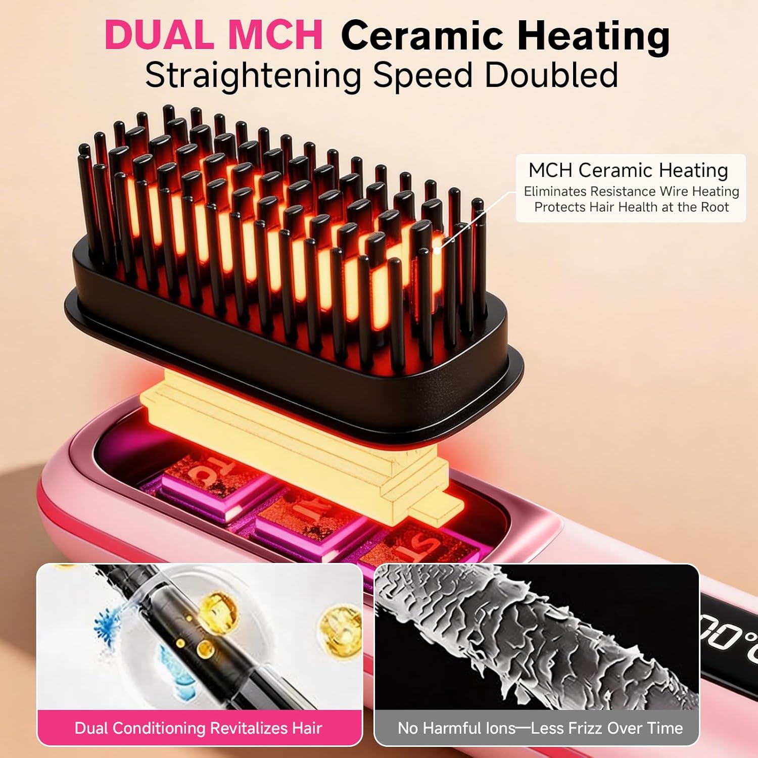 Go Brush Pro Cordless Straightening Comb, Mini Portable Heated Smoothing Comb, Quick-Heating Hot Air Comb, 3 Temperature Settings, USB-C Charging, Travel Hair Styling Tool (Pink)