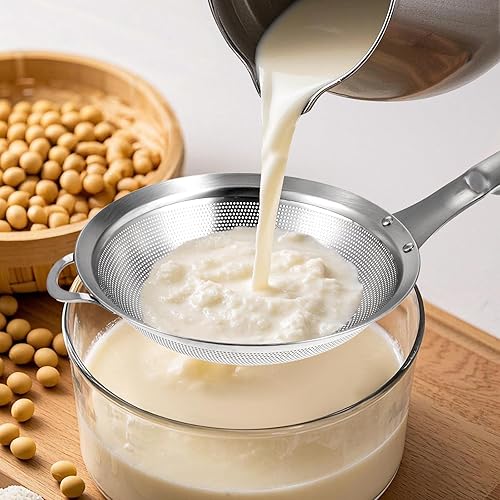 Miniatura 7 de Colador de alimentos de malla fina de acero inoxidable, 2 piezas, colador ranurado con agujeros grandes, juego de cuchara para freír con asa,