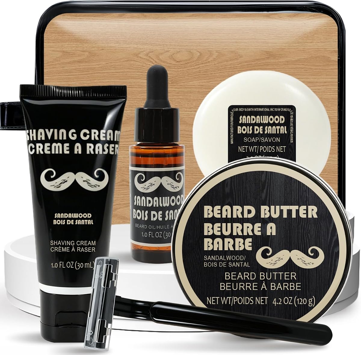 Kit de enjuague y afeitado robusto para hombres: kit de barba de sándalo de 6 piezas para hombres, mantequilla para barba, aceite, jabón, bálsamo de afeitado para cumpleaños, regalos de Navidad para padre, esposo, novio