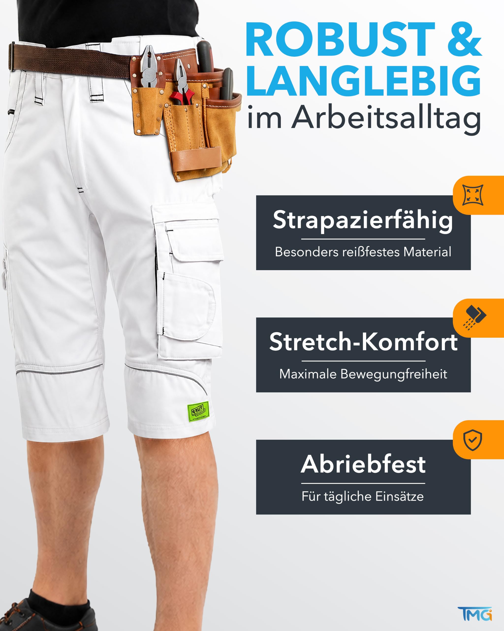 TMG | Kurze Arbeitshose Herren, Gerader Schnitt, Arbeitsshorts Kultworker, Stretchbund, Werkzeugtasche, versch. Farben