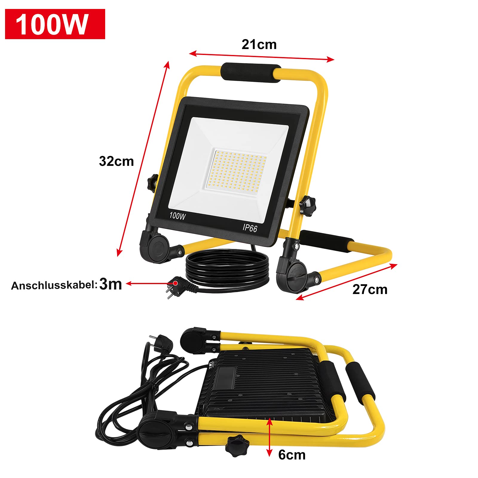 Faretto Da Cantiere LED 300W Con Treppiede | 30000 Lumen, IP66, Rotazione 360°, Cavo 3m