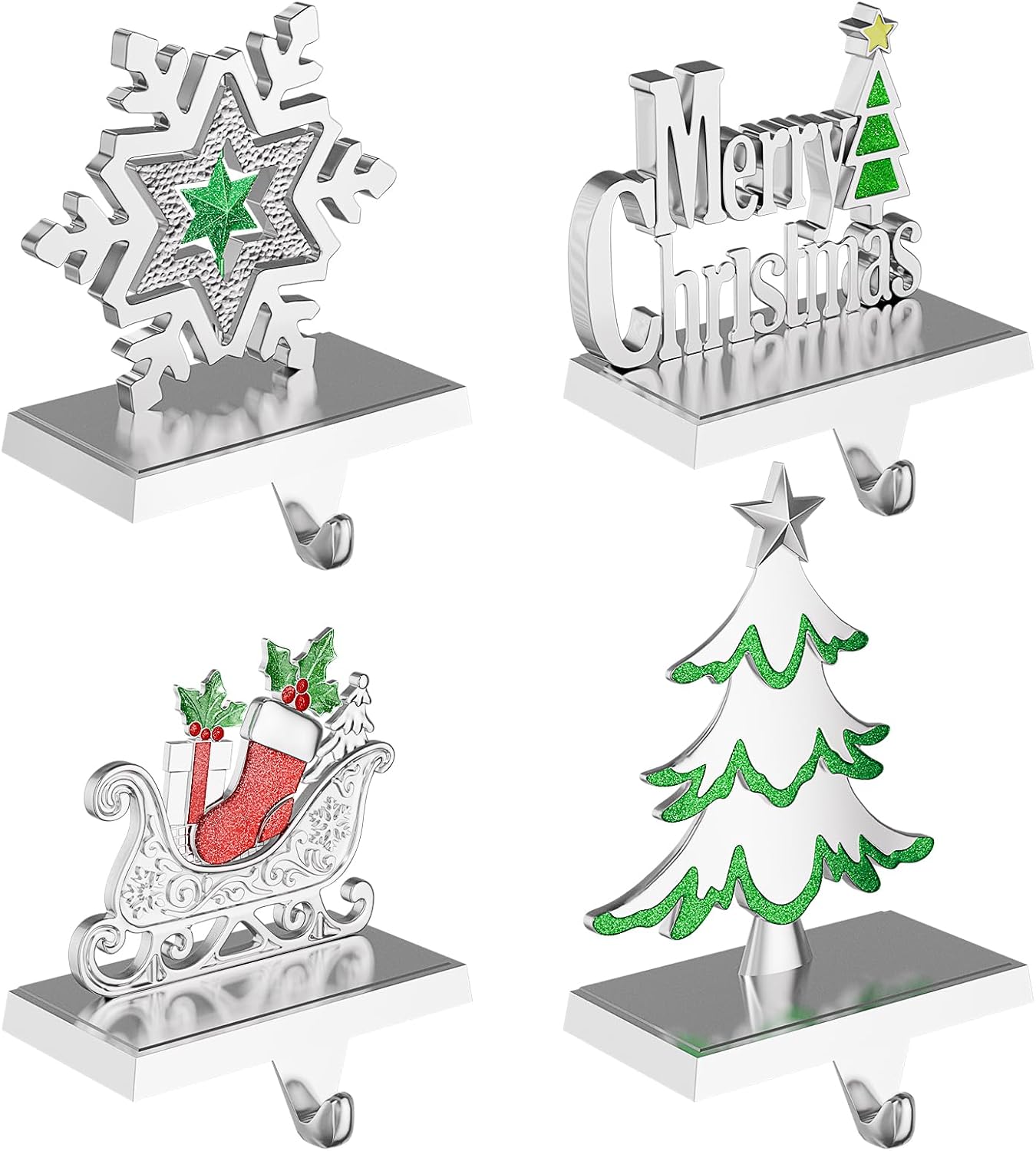 christmas stocking holders for mantle weighted metal stocking hangers hooks for fireplace christmas decorations (set of 4) 4 pack-snowflake/tree/sleigh/letter