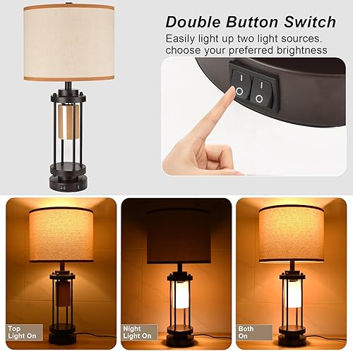 Miniatura 4 de Juego de 2 lámparas de mesa de granja para sala de estar, lámpara rústica para mesitas de noche de dormitorio, lámparas de noche con puertos de