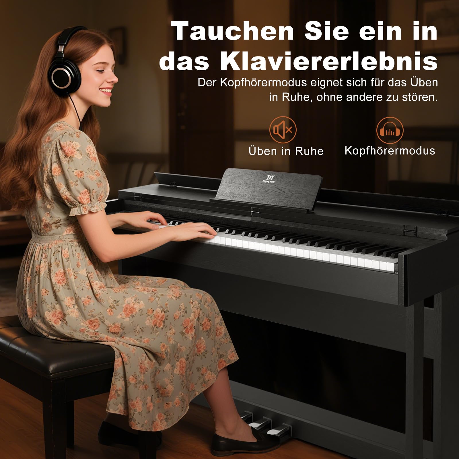 MUSTAR Digital Piano 88 Tasten mit Klavierhocker, E Piano Schwarz mit Hammermechanik, E-Klavier mit 3 Pedale Adapter, 2 Kopfhöreranschluss, Duales Kontrollsystem, USB/MIDI, Klassisch professionell