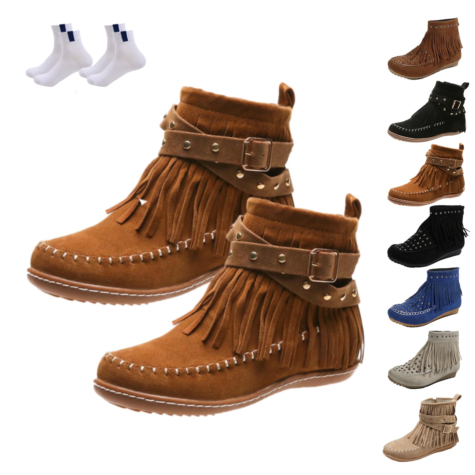 Ankle Western Fringe Booties with Low Heel Womens Vintage Casual Short Ankle Boots Winter Warm Boho Boots Fringe