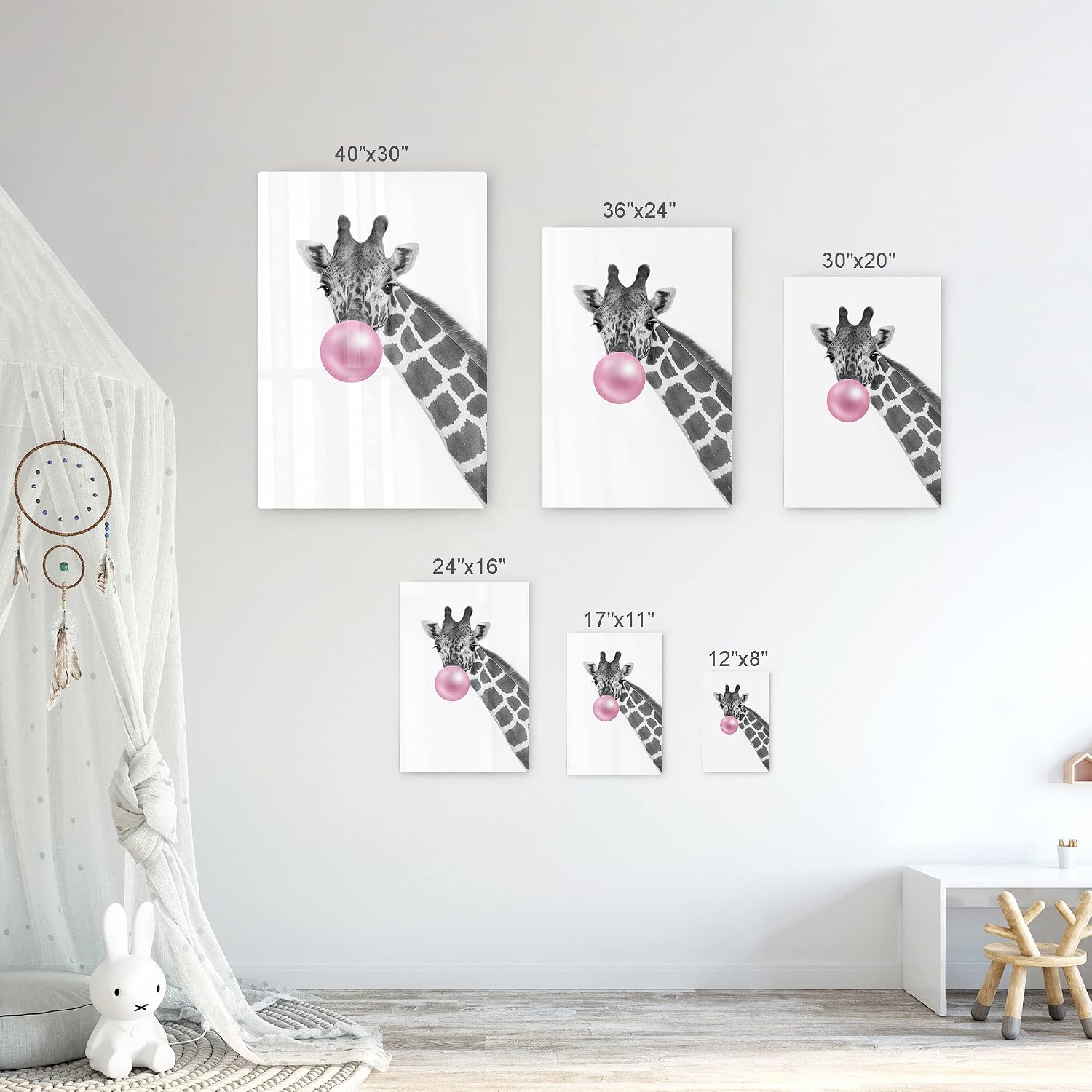Smile Art Design Giraffe Animal Bubble Gum Art Pink METAL PRINT Metal Wall Art Black and White Wall Art Home Decor Pop Art Living Room Kids Room Decor Nursery Decor Ready to Hang Made in USA - 40x30
