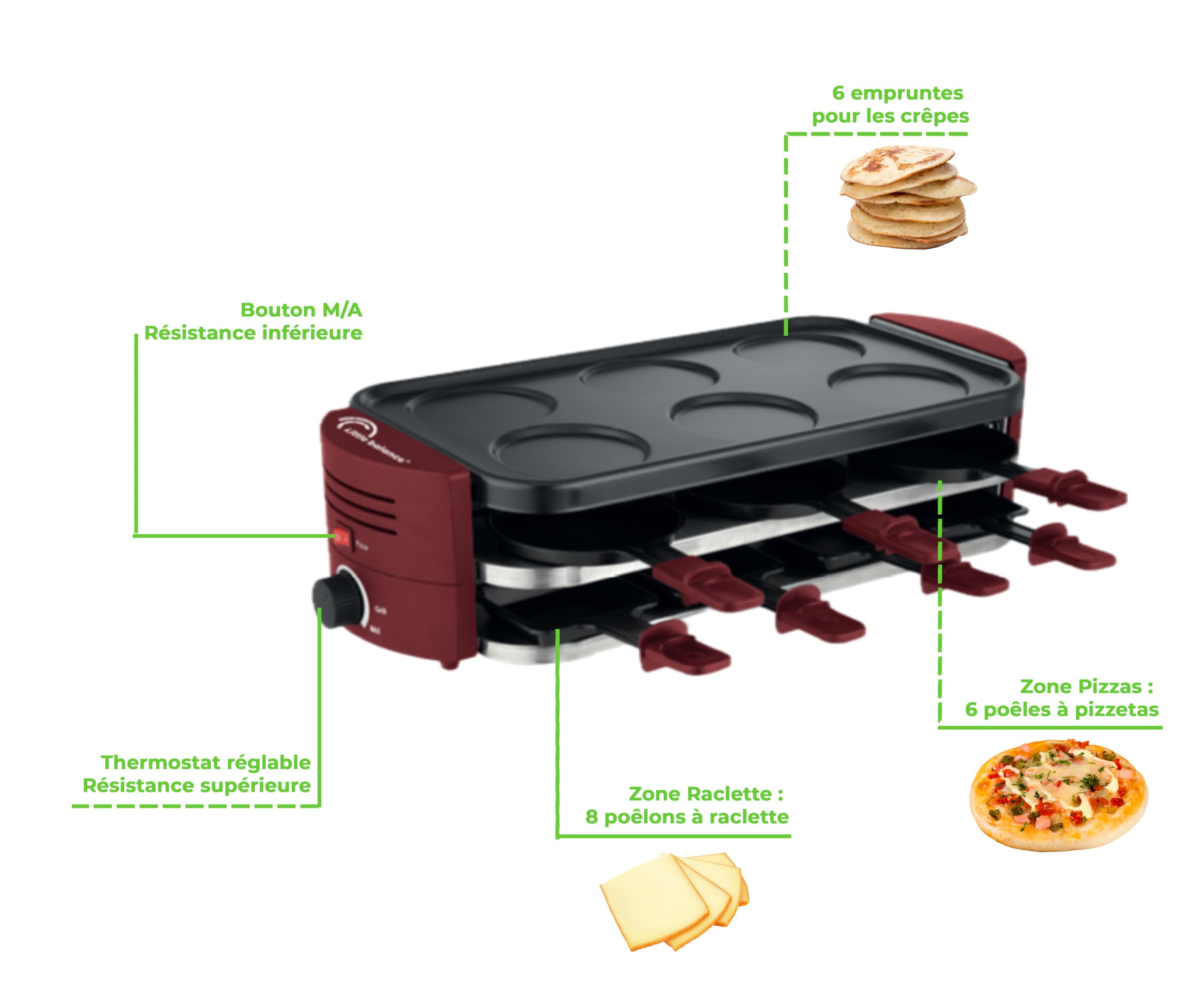 LITTLE BALANCE 8952 Fun Party 8, Appareil à Raclette, Multifonctions 3 en 1, Raclettes, Pizzas et Crêpes, 3 zones de cuisson, Jusqu'à 8 personnes, Sans PFAS, 1600 W, Piment