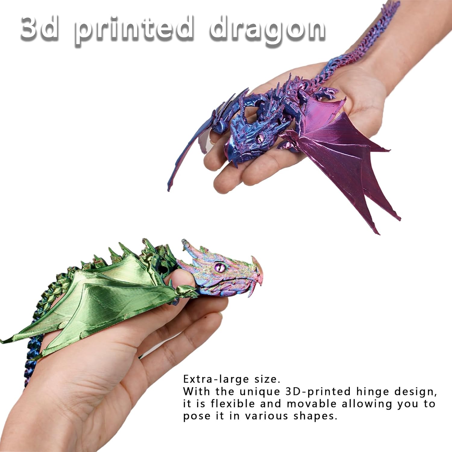 Articulated 3D Printed Dragon with Flexible Wings - Fantasy Dragon Model, Movable Desk Decor, Collectible Gift (Blue-Red)