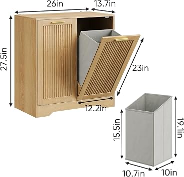 Smuxee Double Tilt Out Laundry Hamper Cabinet, Hidden Laundry Cabinet with Double Baskets, Fluted Trash Can for Bathroom, Kitchen, Living Room(Oak with small fluted)