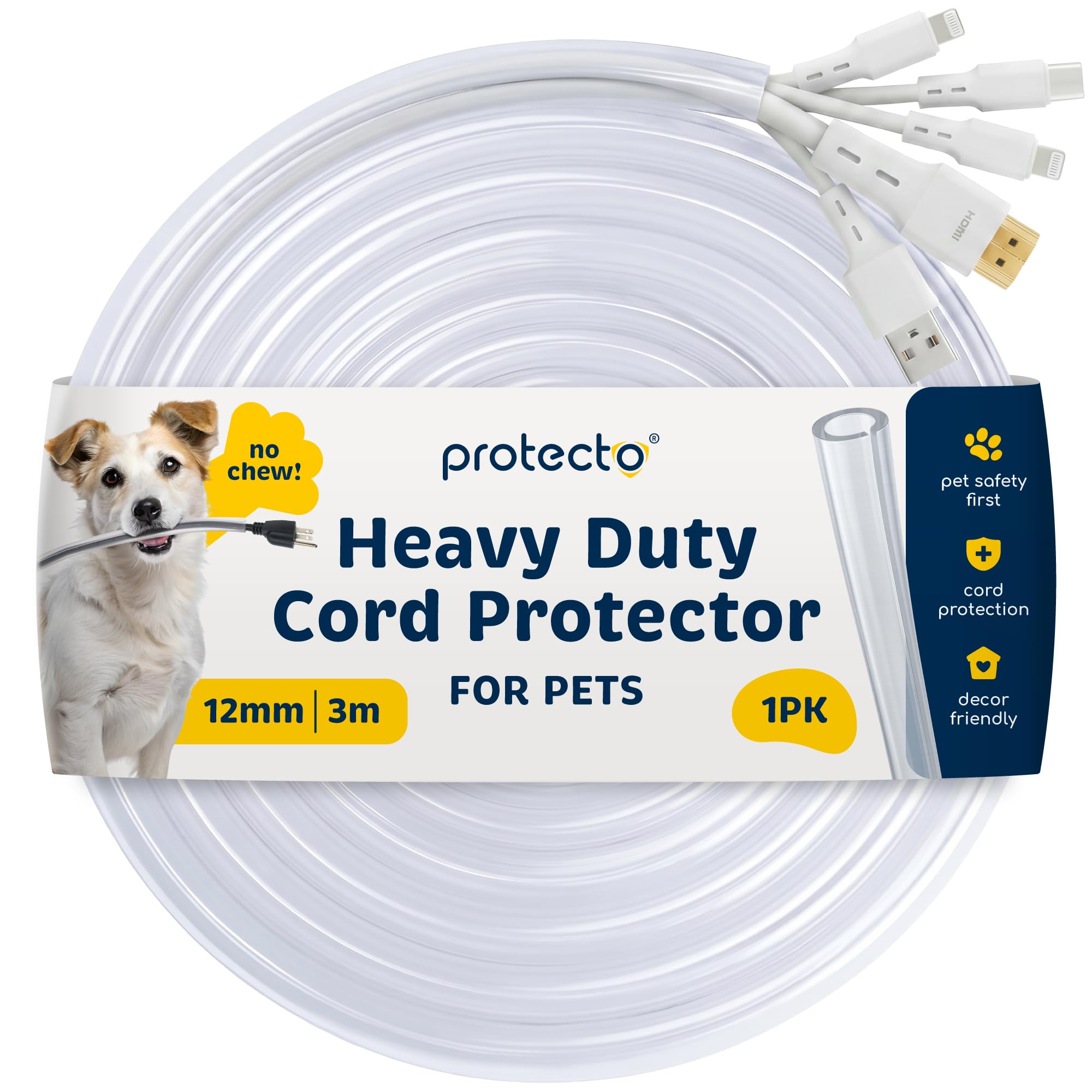 PROTECTO Heavy Duty Cord Protectors from Pets No Chew Solution, 3m Easy to Use Dog & Cat Cord Protector, Clear & Odorless Critter Cord Covers for Pets, Power Audio & Video Wire Protector Tubing