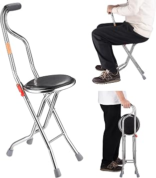 Walking Cane, Portable Seat Cane with Seat Hold Folding 2-in-1 Folding Crutch Seat,Thickening Travel Seat Four-Leg Folding Walking Stick, Stainless Steel Lightweight Folding Mobility Aid