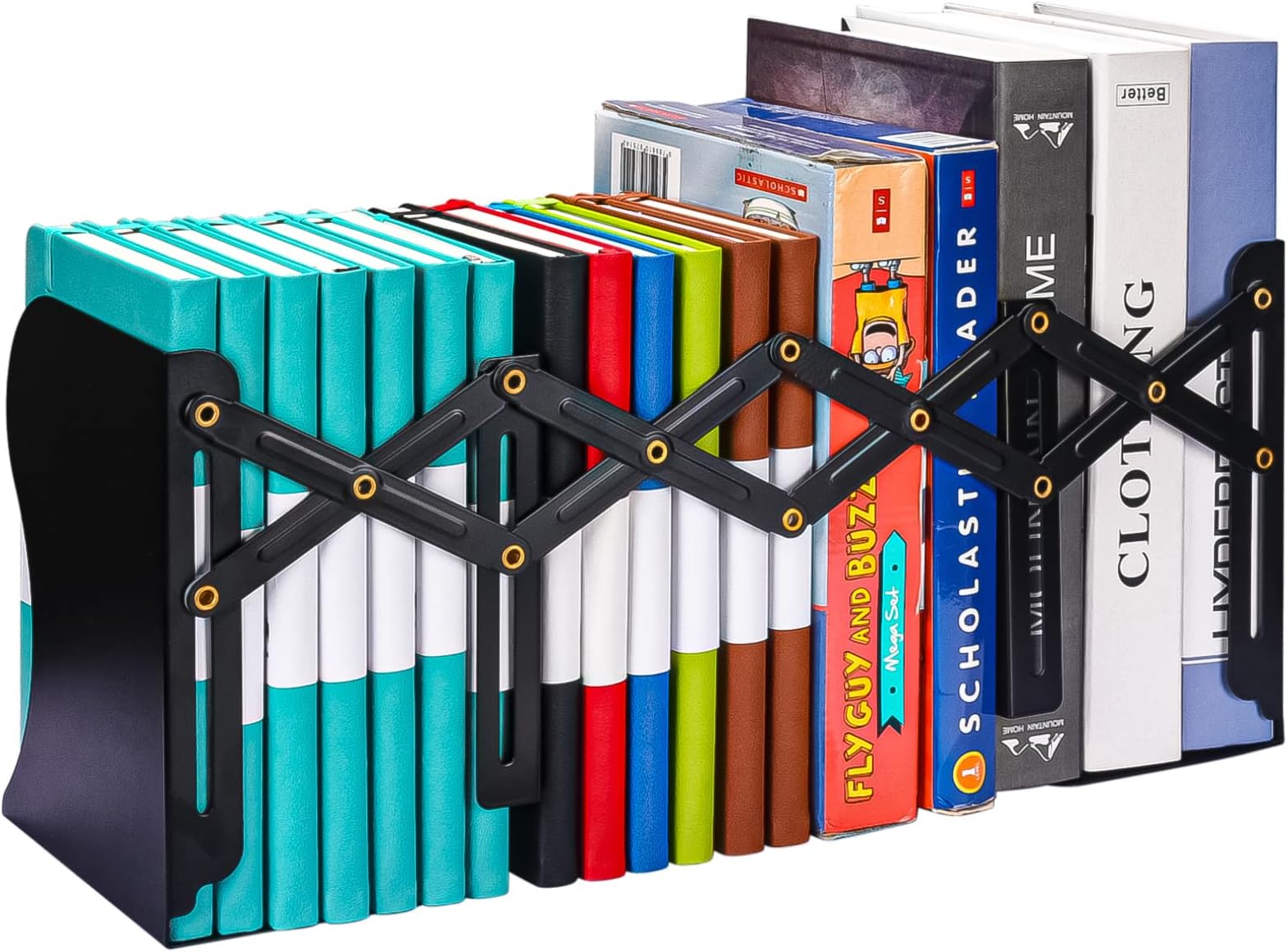 Adjustable Bookends, Metal Book Ends for Heavy Book, 2 Dividers, Nonslip Book Stander for Desk, Shelf, Office, Stationery Gift, Extends up to 19 inches (Black)