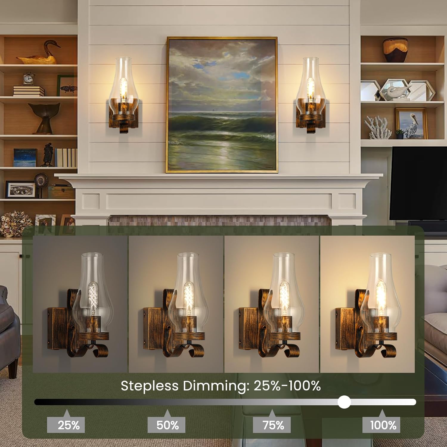 Battery Operated Wall Sconces, Rustic Wall Lights Sets of 2, Non-Hardwired Antique Kerosene Wall Lamps, Vintage Bedside Gold Wall Sconces with Remote for Living Room, Bedroom, Hallway etc