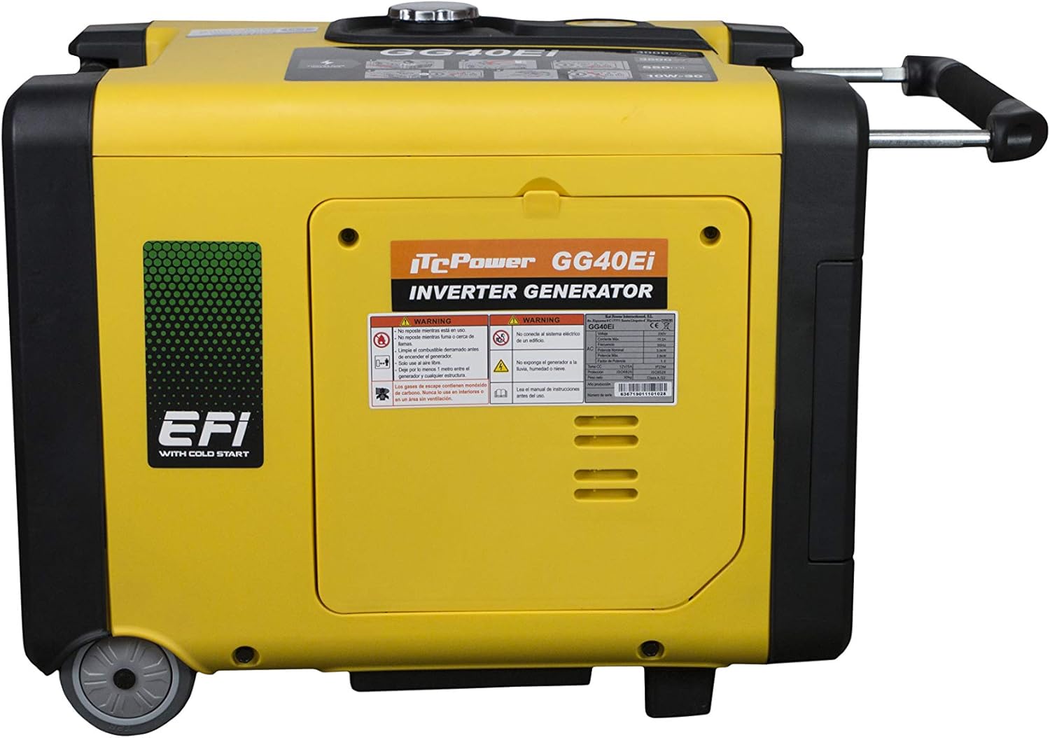 ITCPower IT-GG40Ei Inverter Generator side view pyörillä ja kahvalla