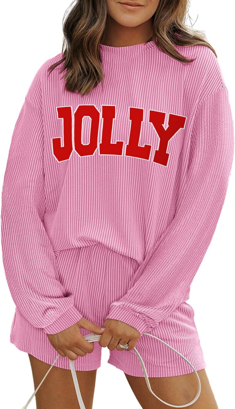 Deer Lady Two Piece Sets for Women 2026 Fall Outfits Ribbed Long Sleeve Top and Shorts Pajama Pocketed Matching Lounge Set