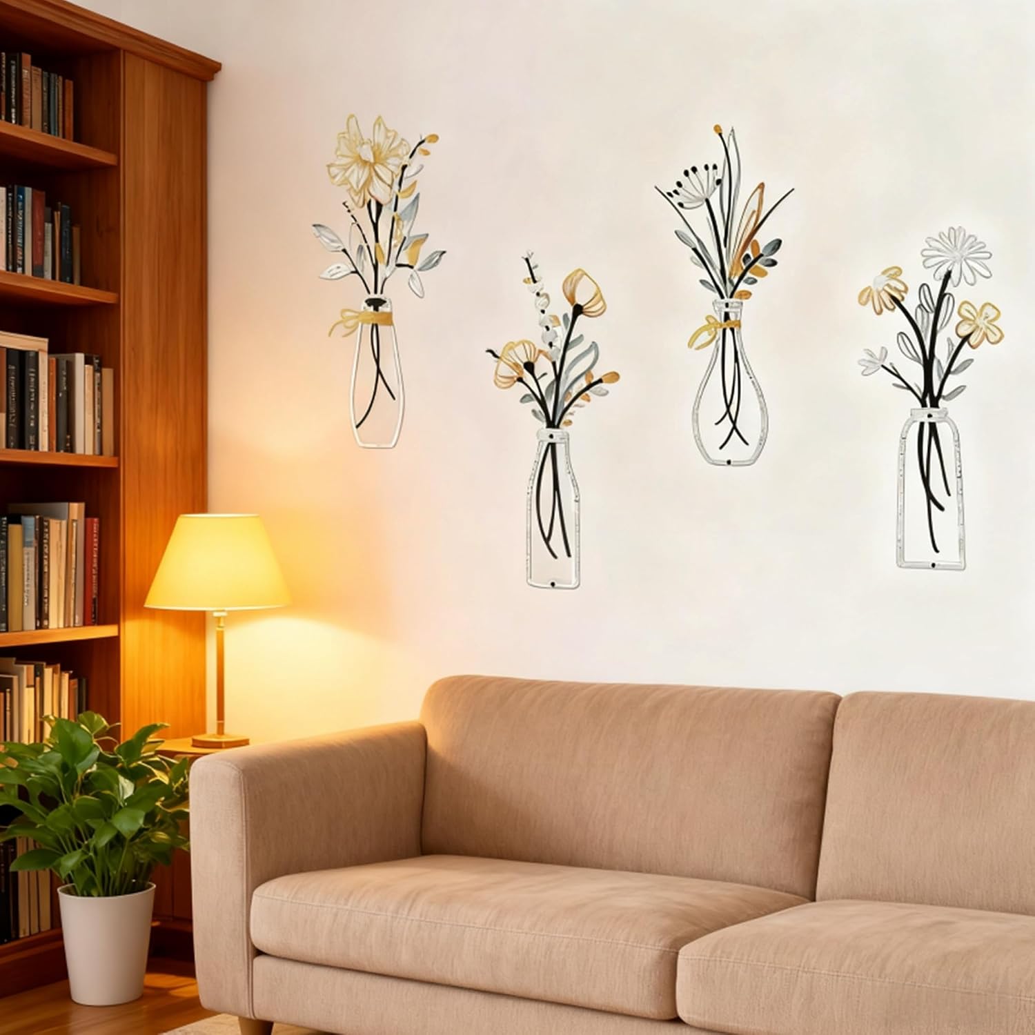 Metal Flowers Wall Arts,3 Pieces Rustic Farmhouse Decors Minimalist Iron Hollow Flower Leaf Wall Decor for Dining Room Living Room Bathroom Bedroom Walls Decoration Wedding Housewarming Gifts image 3