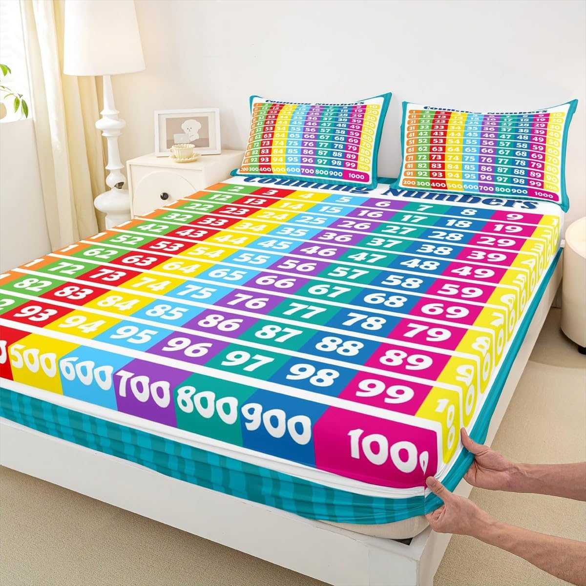 Numbers Alphabet Fitted Sheet Queen, Educational Learning Bedding Set for Kids Boys Girls Numbers Bed Sheet Set Learning Time Bed Cover (2 Pillow Cases and a Fitted Sheet)